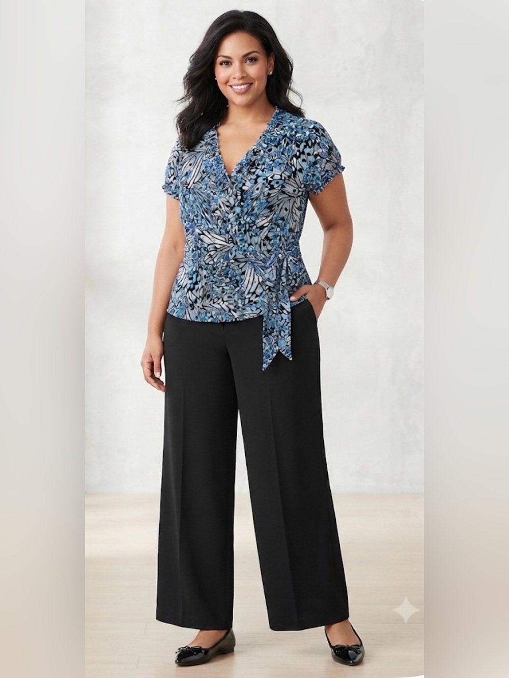 East 5th Blue Floral Wrap Blouse with Ruffle Detail